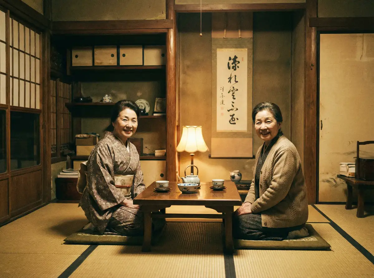 两位优雅的 51动漫 在日式茶室中品茶交谈